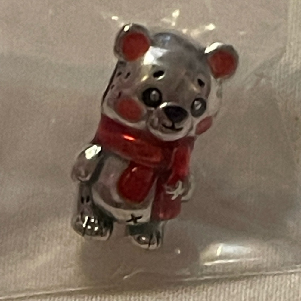 Sterling Silver Bear with a Red Scarf and other red accents Charm